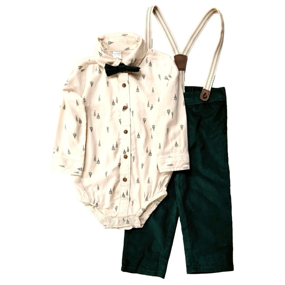NWT 24m Carter’s 2 piece set Trees green pants suspenders